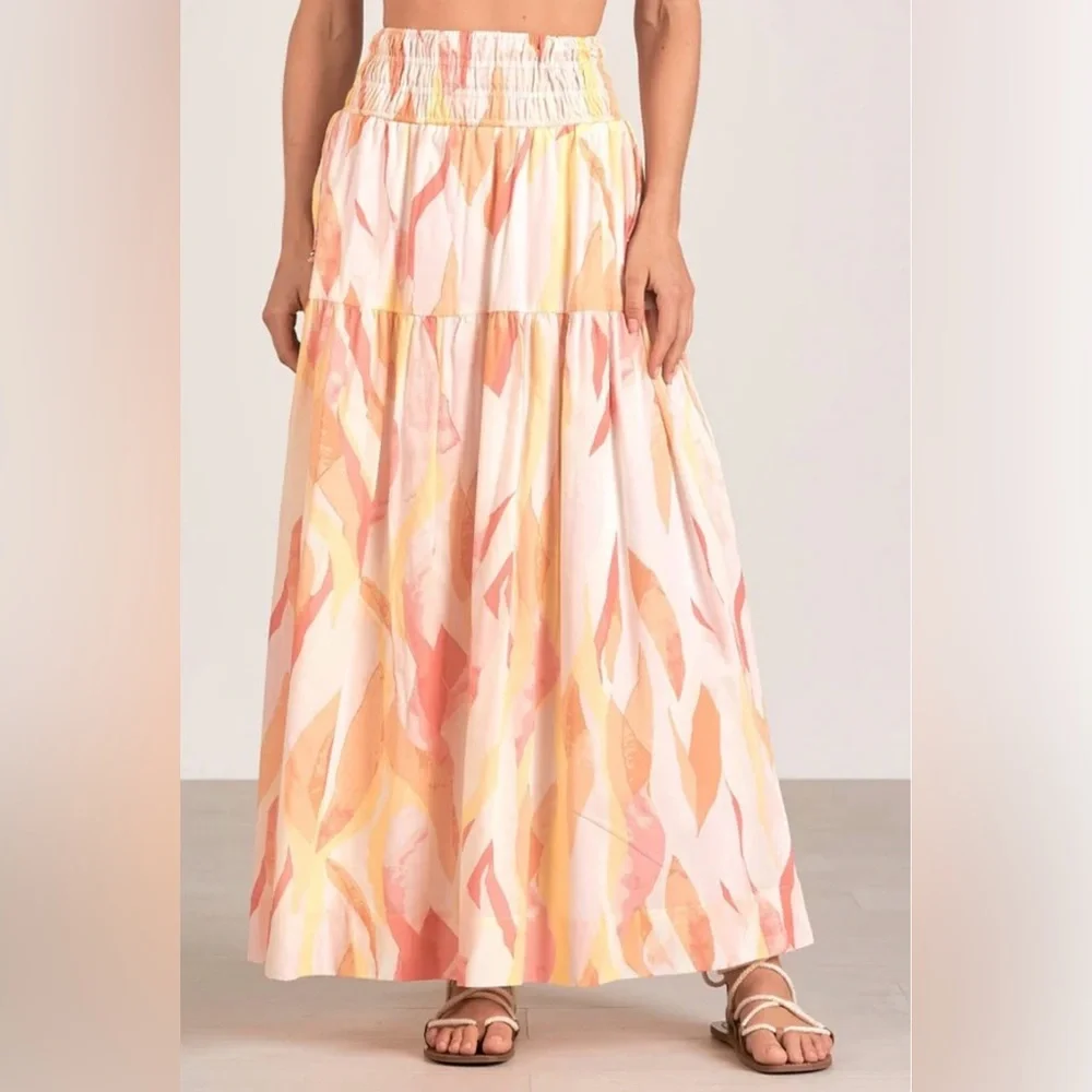 Elan Coral Print Amalfi Crop Halter Top & Smocked Skirt Set S